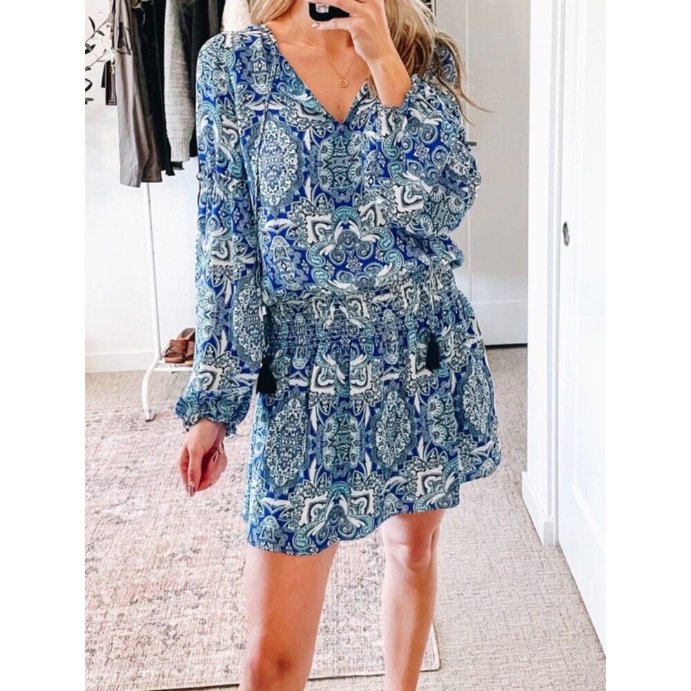 PARKER 100% Silk Blue/White Paisley Print Peasant Dress, Glacius Brocatto, Sz S